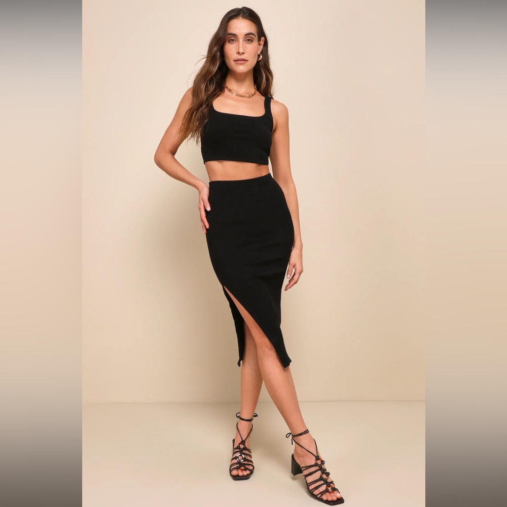 Black ribbed bodycon two piece midi dress